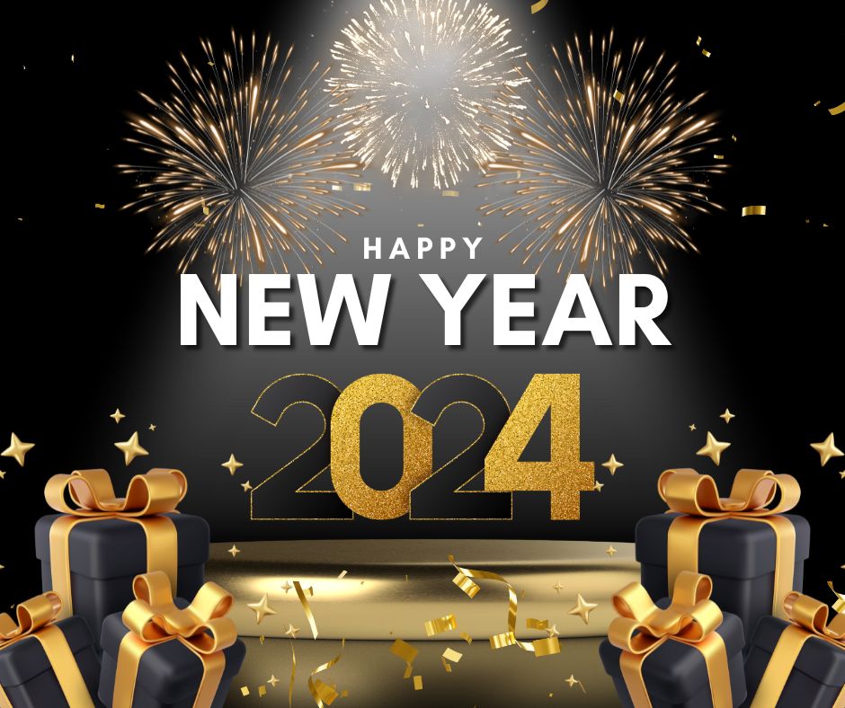 Black And Gold Elegant Happy New Year 2024 Facebook Post