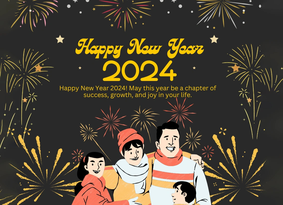 Black And Gold Illustrative Happy New Year 2024 Facebook Post