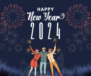 Black And White Illustrative Happy New Year 2024 Facebook Post