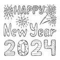 happy new year 2024 coloring book hand drawn line vector Happy New Year 2024 Coloring Book Hand Drawn Line Vector