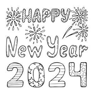 Happy New Year 2024 Coloring Book Hand Drawn Line Vector