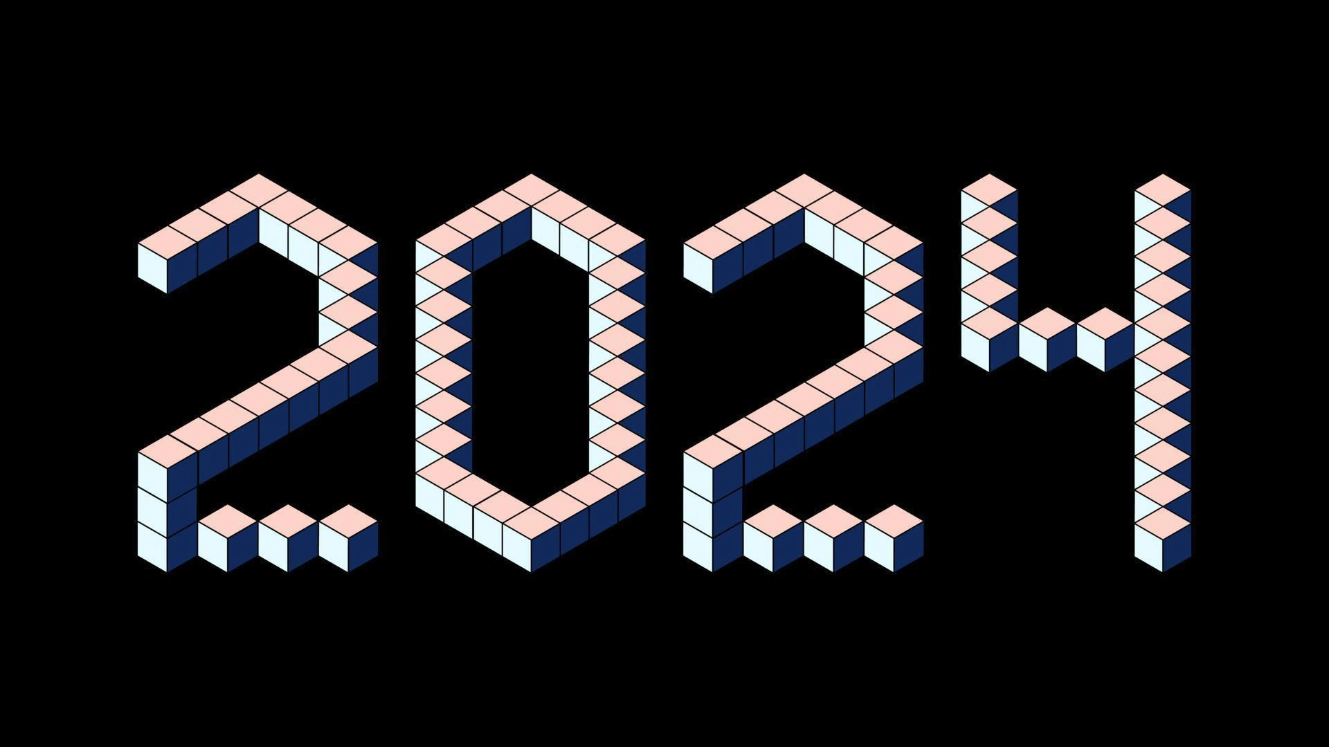 New Year 2024 Design From Pastel Cubes On Black 8 Bit Isometric Style Vector