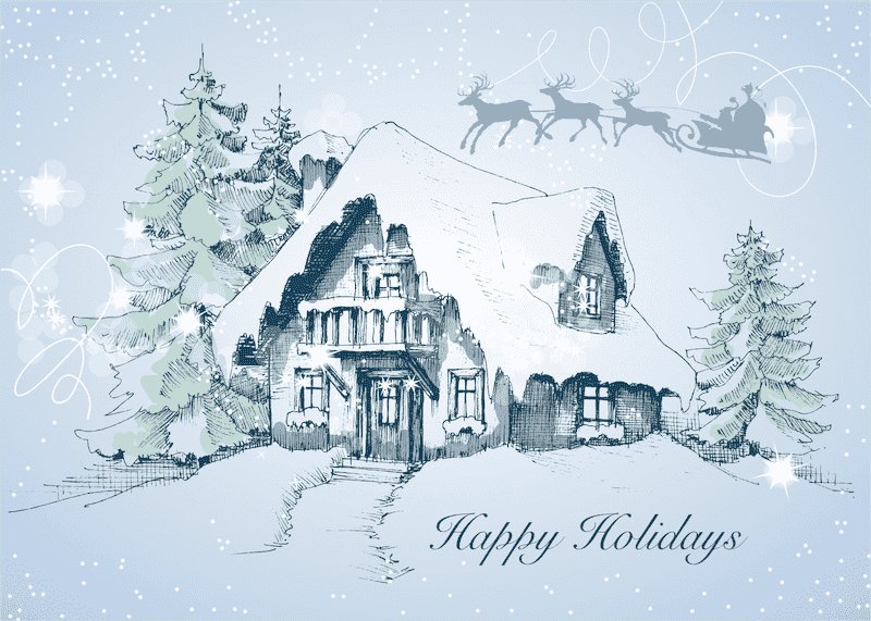 Xfree Printable Christmas Cards Snowy Cottage Santa Sleigh Happy Holidays