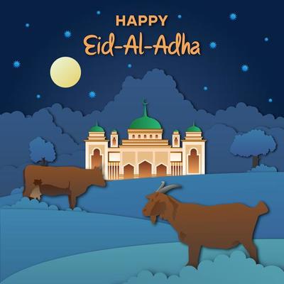 Eid Adha Night Cutout Banner With Animals And Mosque
