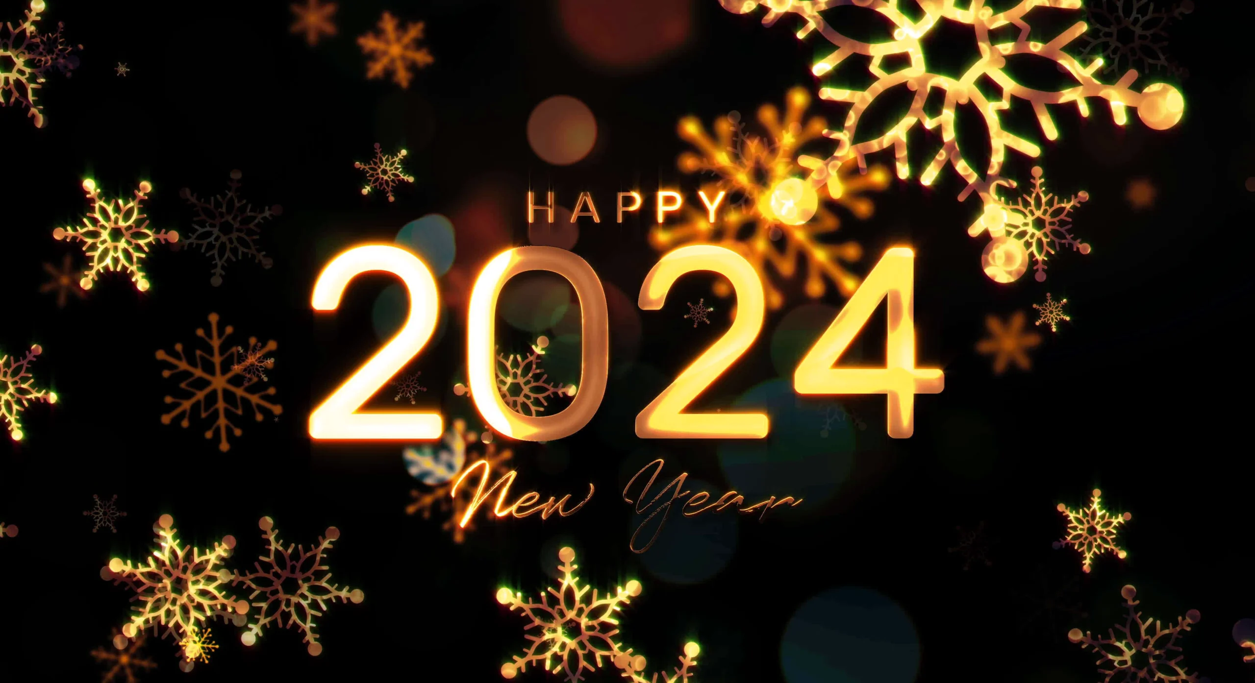 2024 Happy New Year Gold Text With Glow Snowflakes