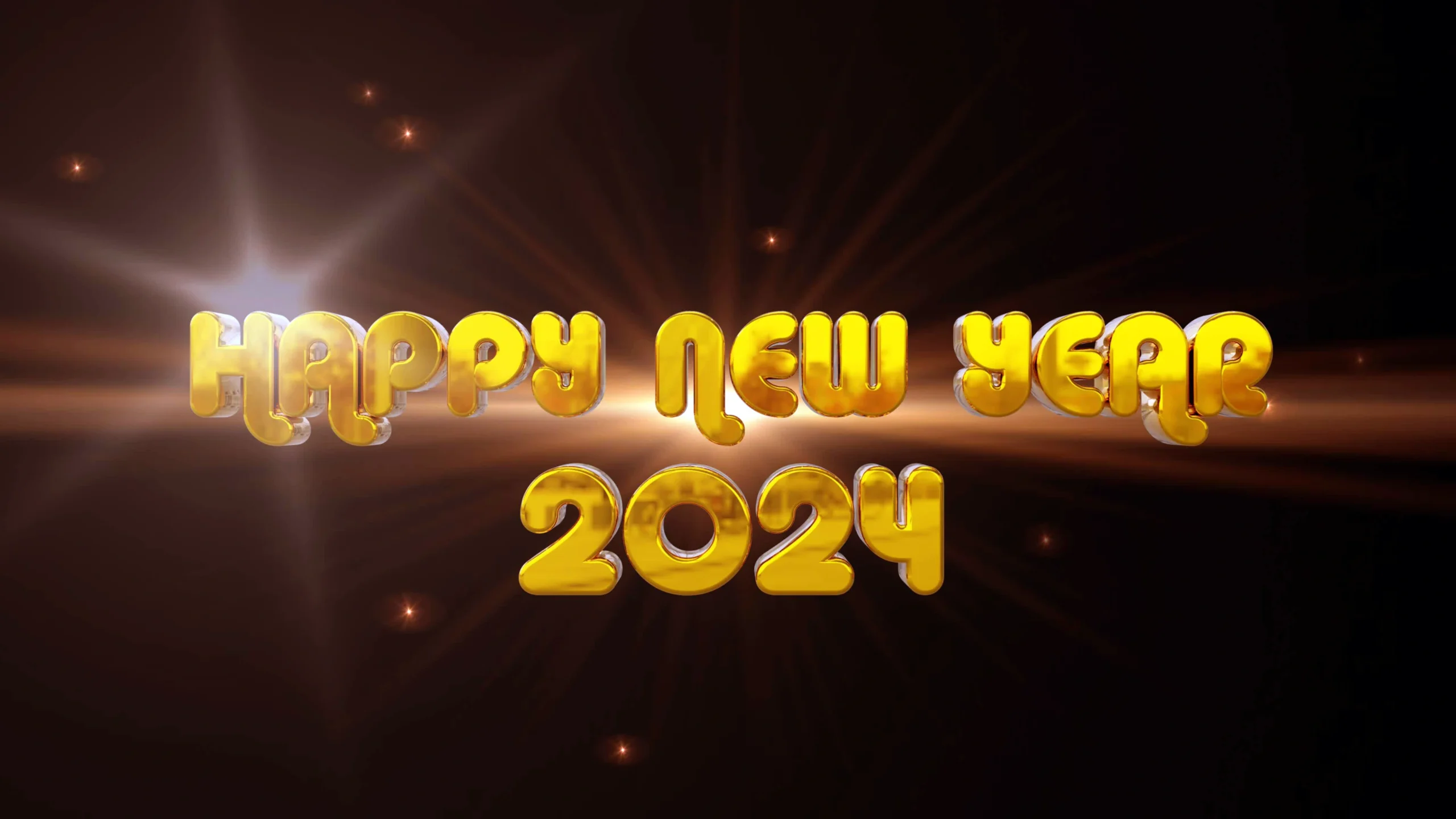 Happy New Year 2024 Text In Gold Color Isolated On Black Background With Fireworks