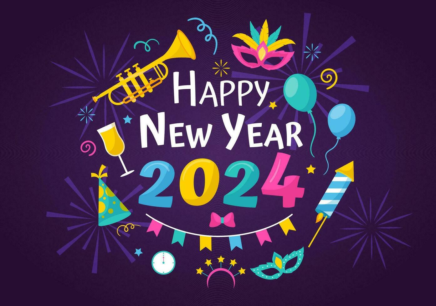 Happy New Year 2024 Celebration Illustration With Trumpet Fireworks Ribbons And Confetti In Holiday National Flat Cartoon Background Vector