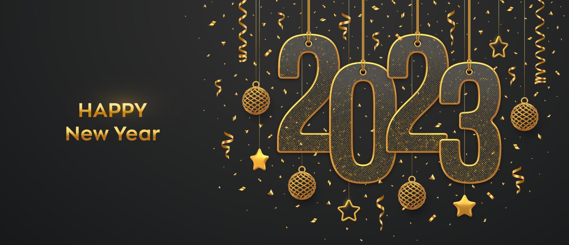 Happy New 2023 Year Hanging On Gold Ropes Numbers 2023 With Shining 3d Metallic Stars Balls And Confetti On Black Background New Year Greeting Card Banner Template Realistic Illustration Vector
