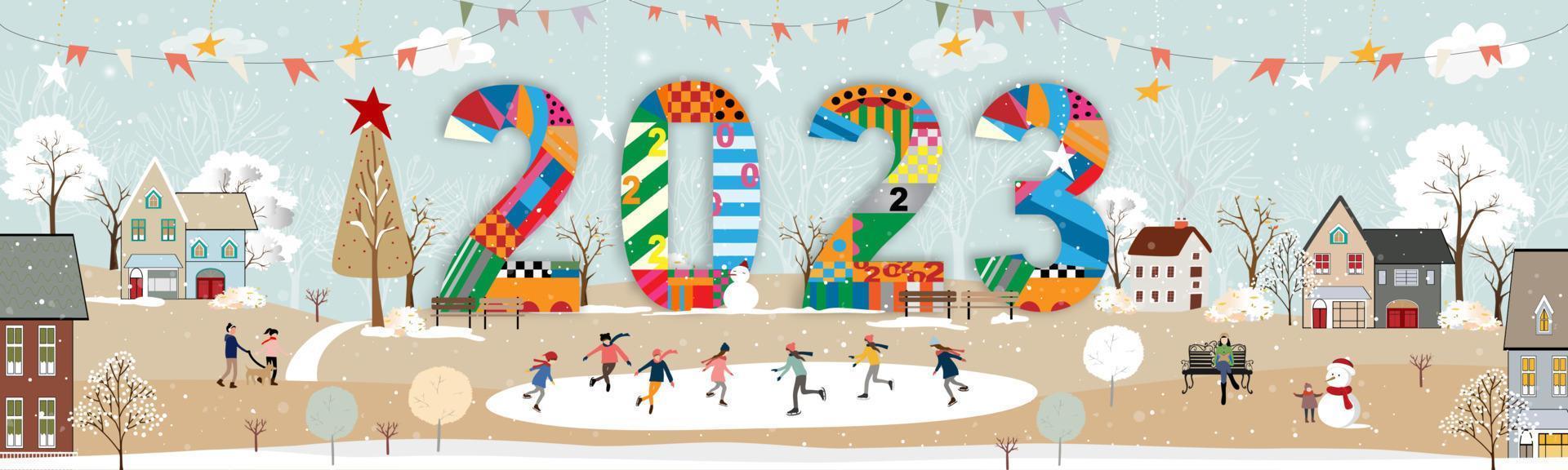 Happy New Year 2023 Card Winter Landscape In City With People Celebrating On Chritsmas Eve Winter Wonderland In The Town With Happy Kids Playing Ice Skating In The City Park Vector