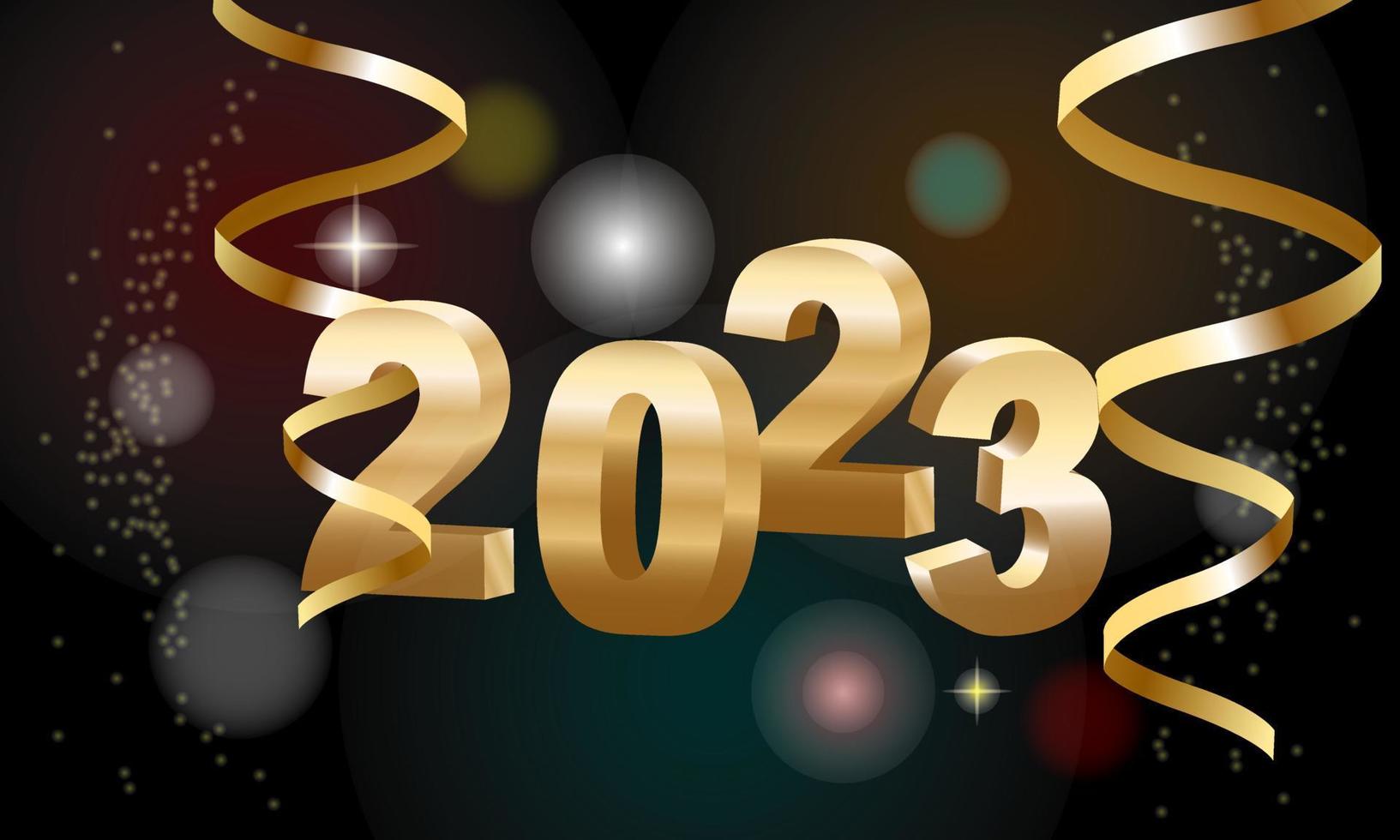 Happy New Year 2023 Hanging Golden 3d Numbers With Ribbons And Confetti On A Defocused Colorful Bokeh Background Free Vector