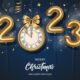 Happy New Year Background With Gold Balloons And Gold Clock 2023 Poster Free Vector