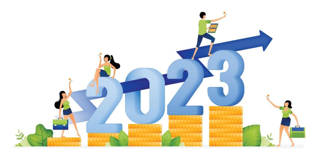 Illustration Of People Celebrating The New Year 2022 To 2023 With The Hope Of Achieving Goals Of Investment Designed For Website Landing Page Flyer Banner Apps Brochure Startup Media Company Free Vector