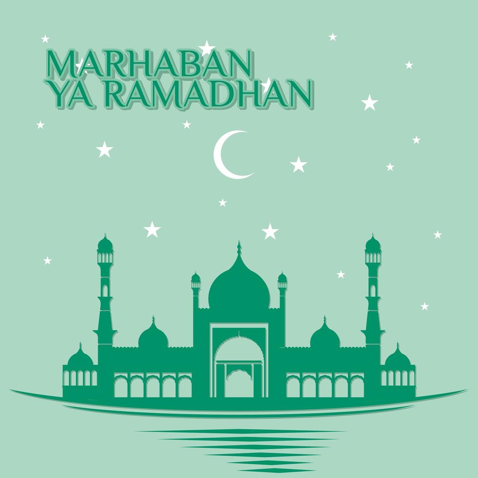 Ramadan Kareem Poster In Green With Mosque At Night Vector