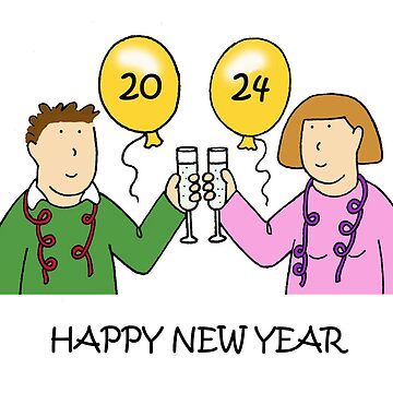 Happy New Year 2024 Cartoon Couple Holding Balloons
