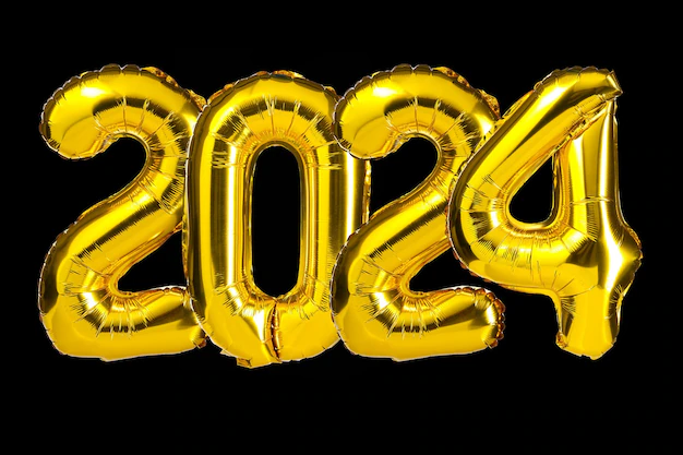 New Year 2024 Celebration Golden Yellow Foil Color Balloons 2024 Balloons Isolated Black Background 174533 2389 1