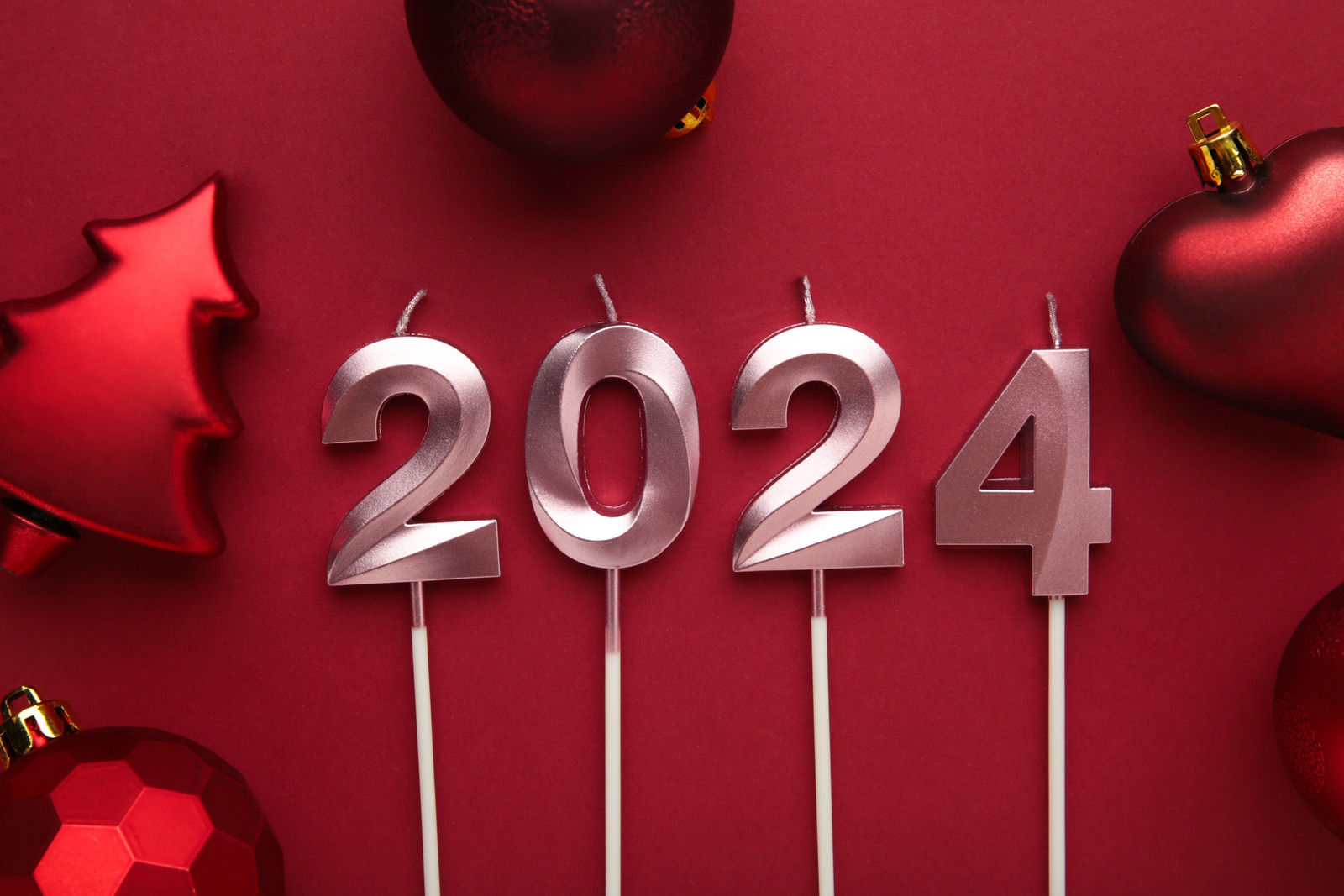 2024 Happy New Year And Christmas Decoration On Red Background