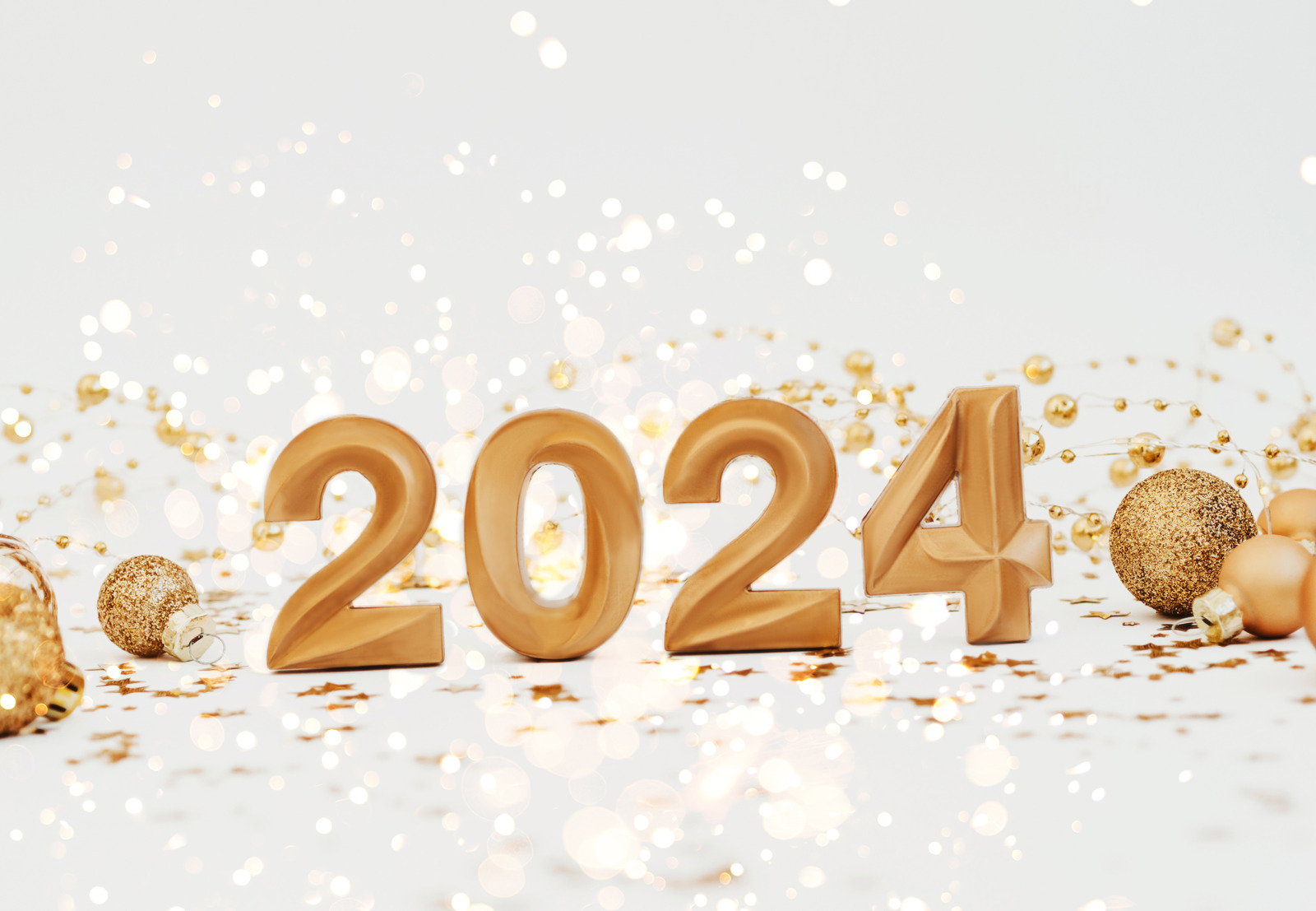 Greeting Card Happy New Year With Numbers 2024 And Gold Glitter On Light Background