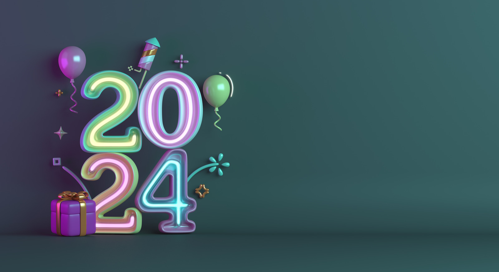 Happy New Year 2024 Decoration Background With Neon Glass, Balloon, Gift Box, 3D Rendering