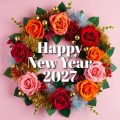 Happy New Year 2027 greeting card with a festive wreath of roses, tinsel and bells