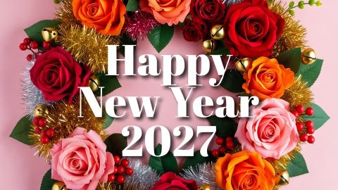 Happy New Year 2027 greeting card with a festive wreath of roses, tinsel and bells