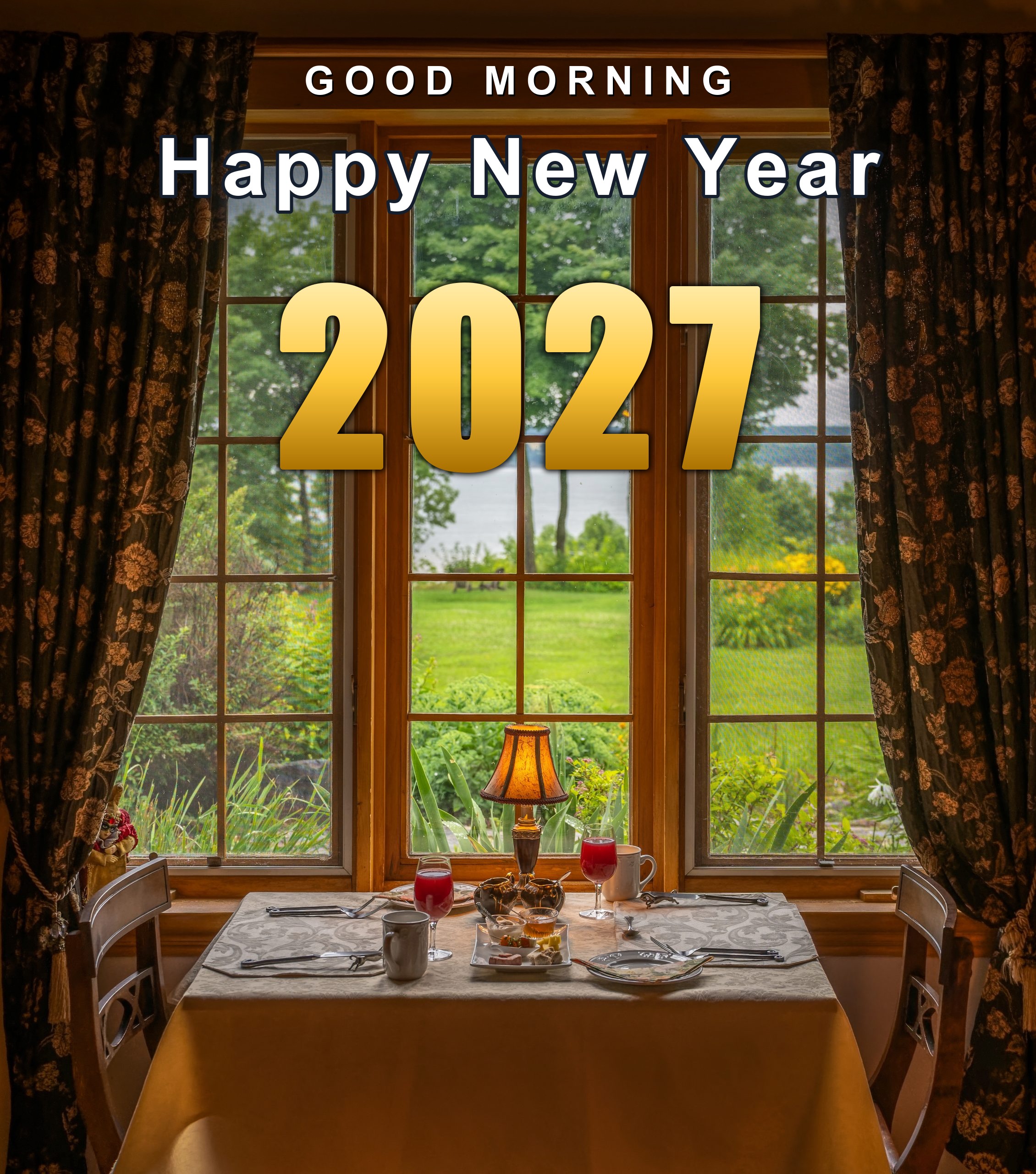 7mipae Good Morning Happy New Year 2027 over a breakfast table, vertical