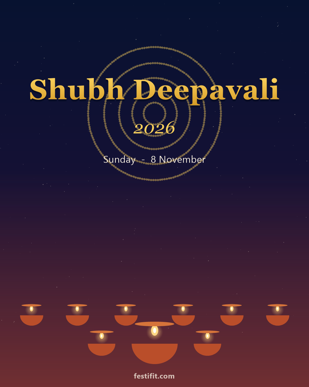 Shubh Deepavali 2026 greeting card in gold lettering over a night sky with lit diya lamps and a rangoli motif