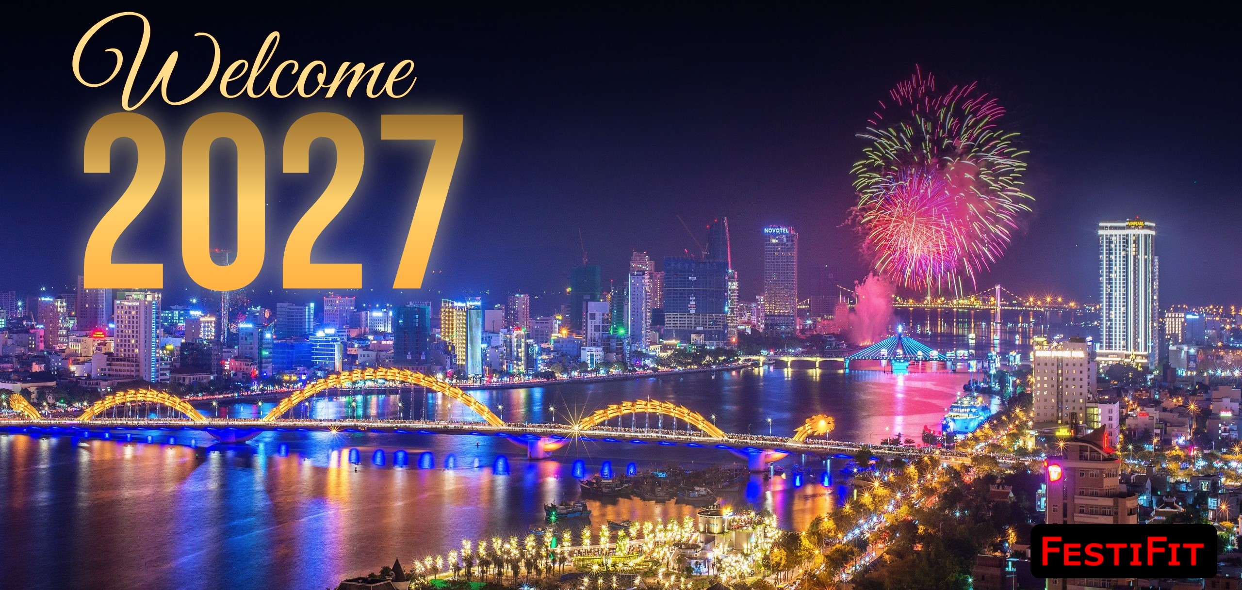 Welcome 2027 over Da Nang dragon bridge fireworks festival at night, FestiFit watermark