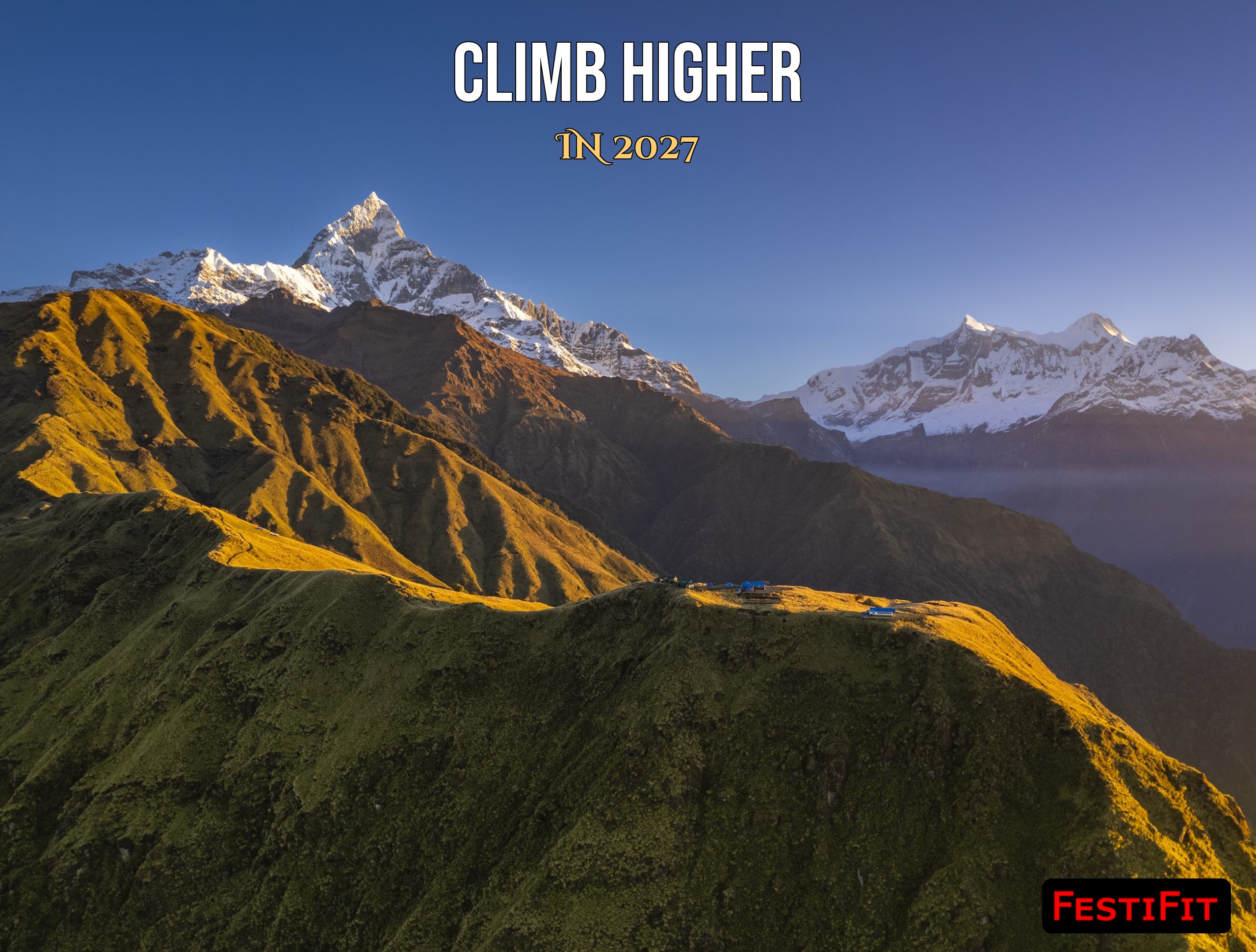 Climb higher in 2027 inspirational wish card over golden mountain peaks