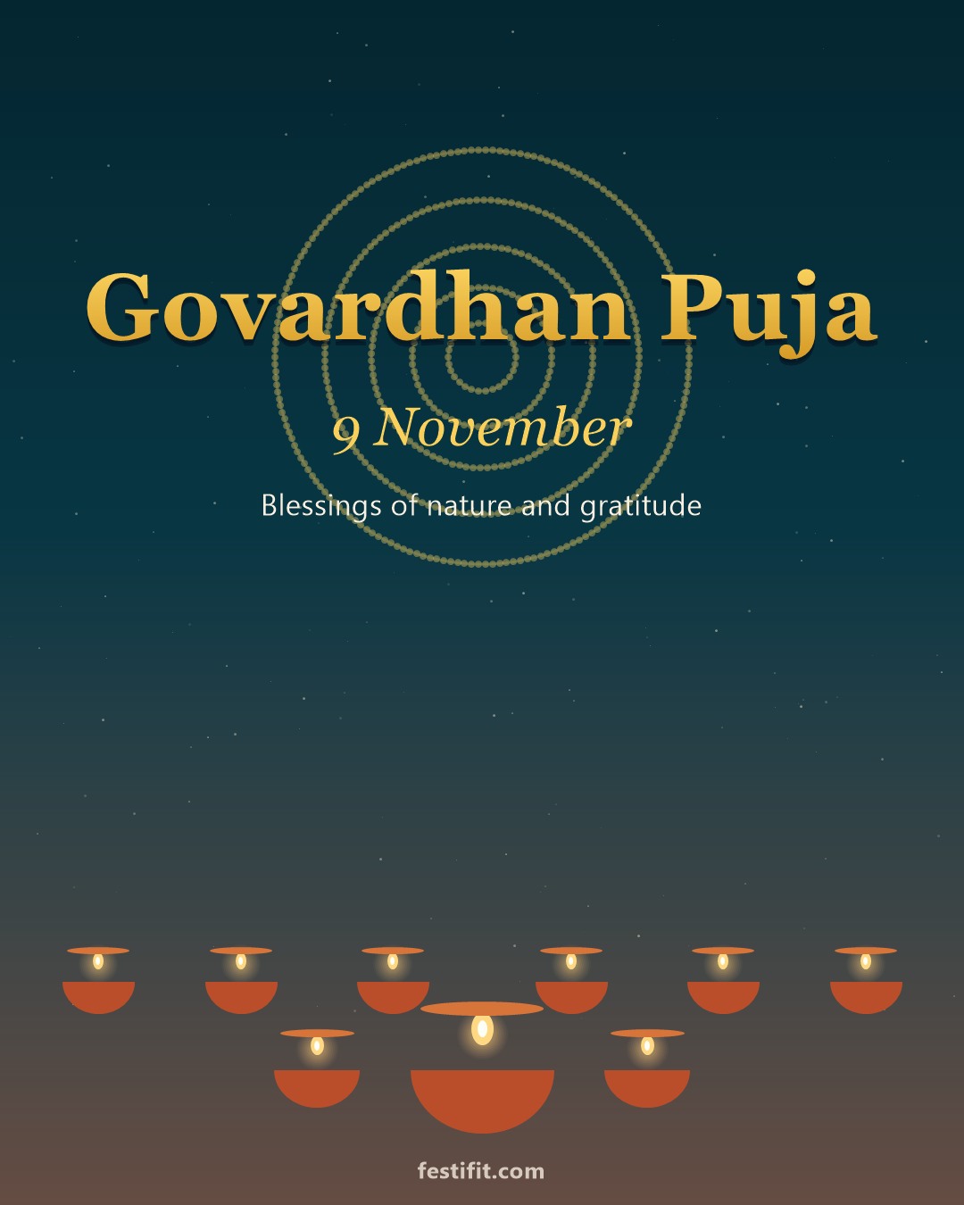 Govardhan Puja 9 November greeting card in gold lettering on a teal night background with rangoli and diyas