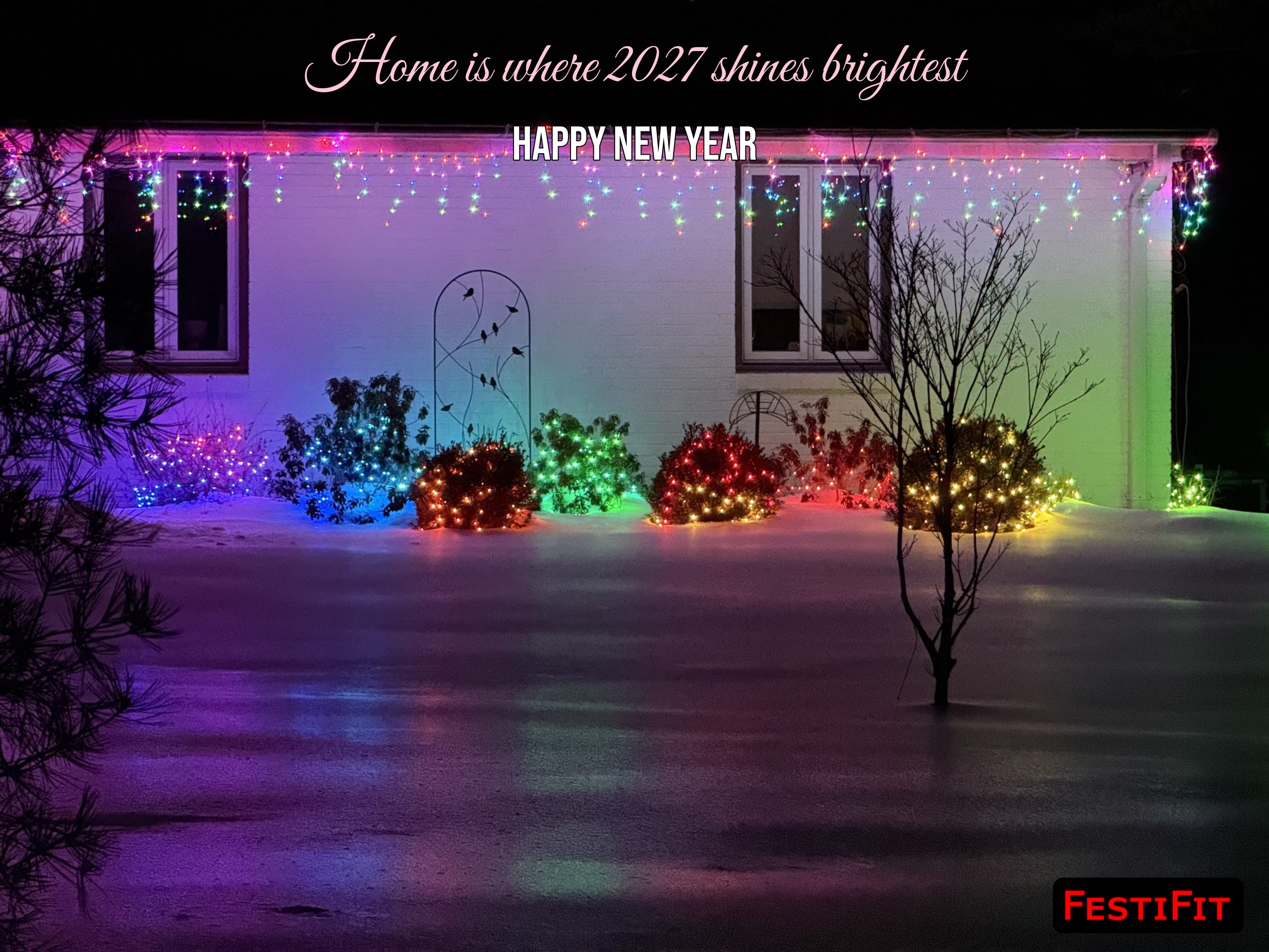 Home is where 2027 shines brightest family wish card over house with Christmas lights