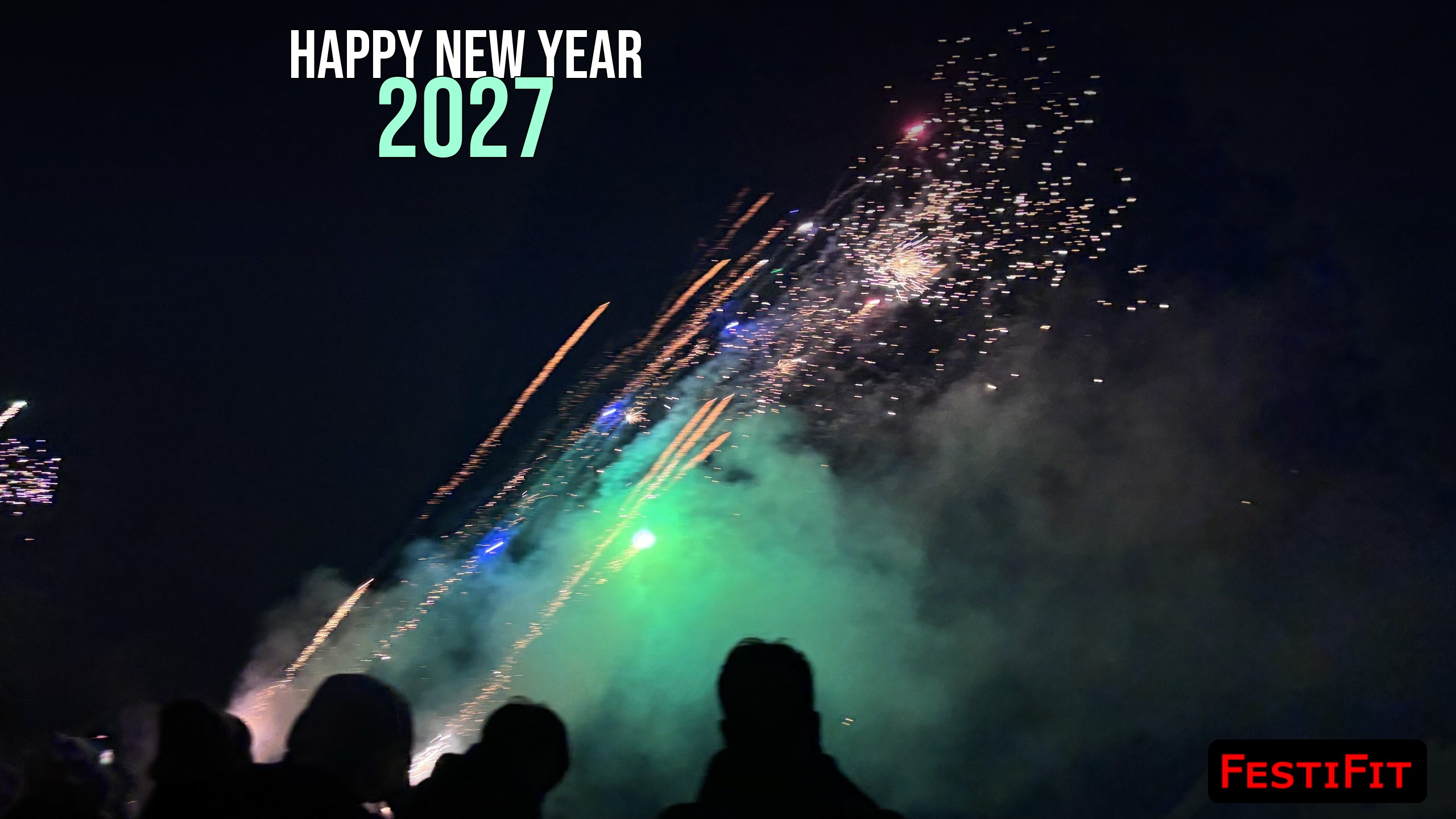 Happy New Year 2027 bold status wish card over fireworks burst