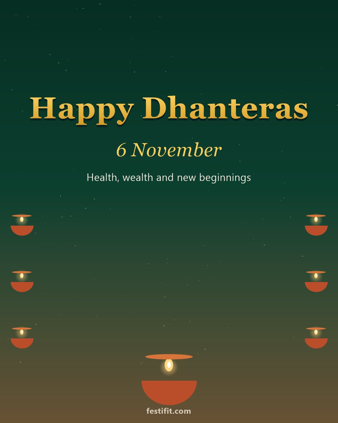 Happy Dhanteras 6 November greeting card in gold lettering on an emerald night background with side diya lamps