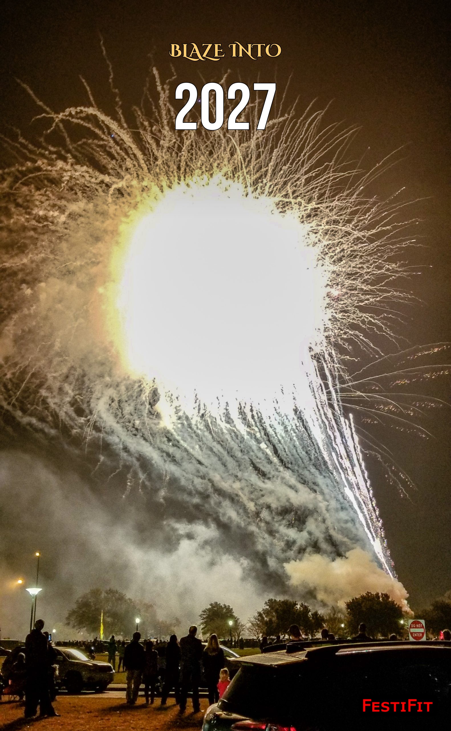 Blaze into 2027 Happy New Year story card over giant fireworks burst vertical
