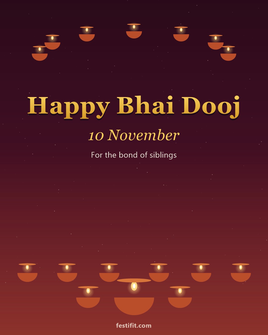 Happy Bhai Dooj 10 November greeting card in gold lettering on a maroon background with a diya arch
