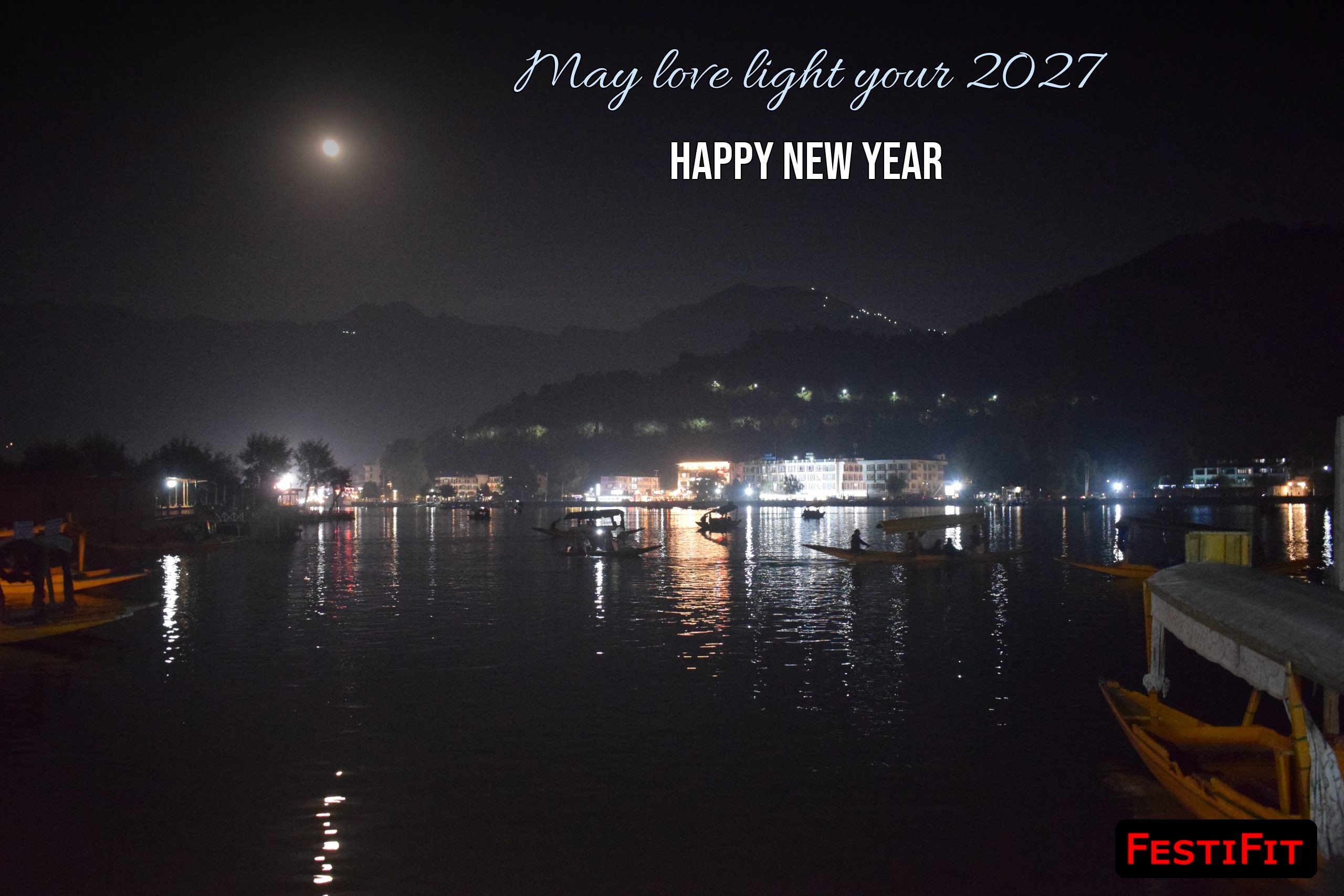 May love light your 2027 Happy New Year wish card over moonlit lake