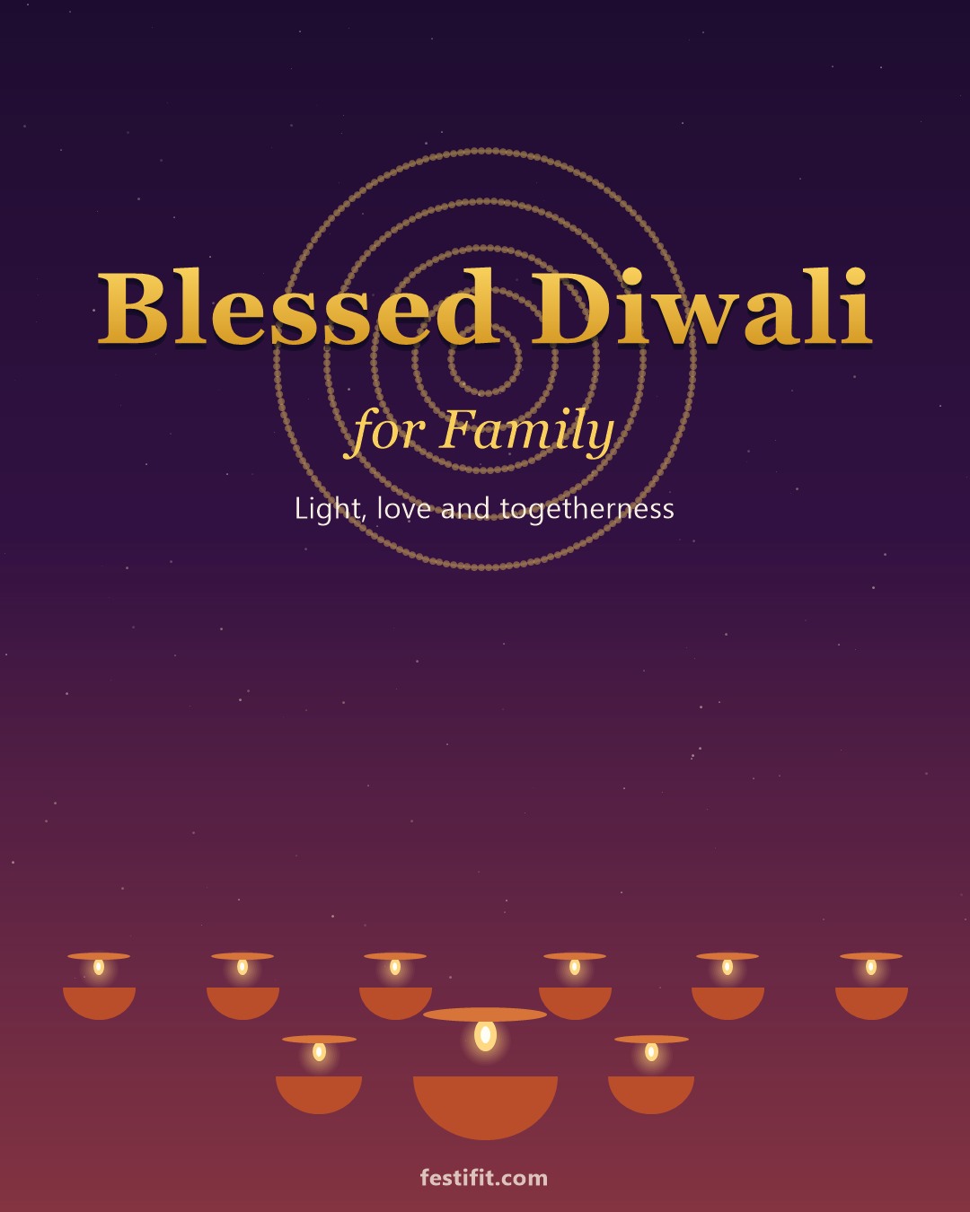 Blessed Diwali for family greeting card in gold lettering on a plum night background with rangoli and diyas