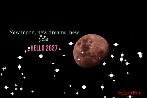 Animated red moon Happy New Year 2027 wish GIF Hello 2027 twinkling night