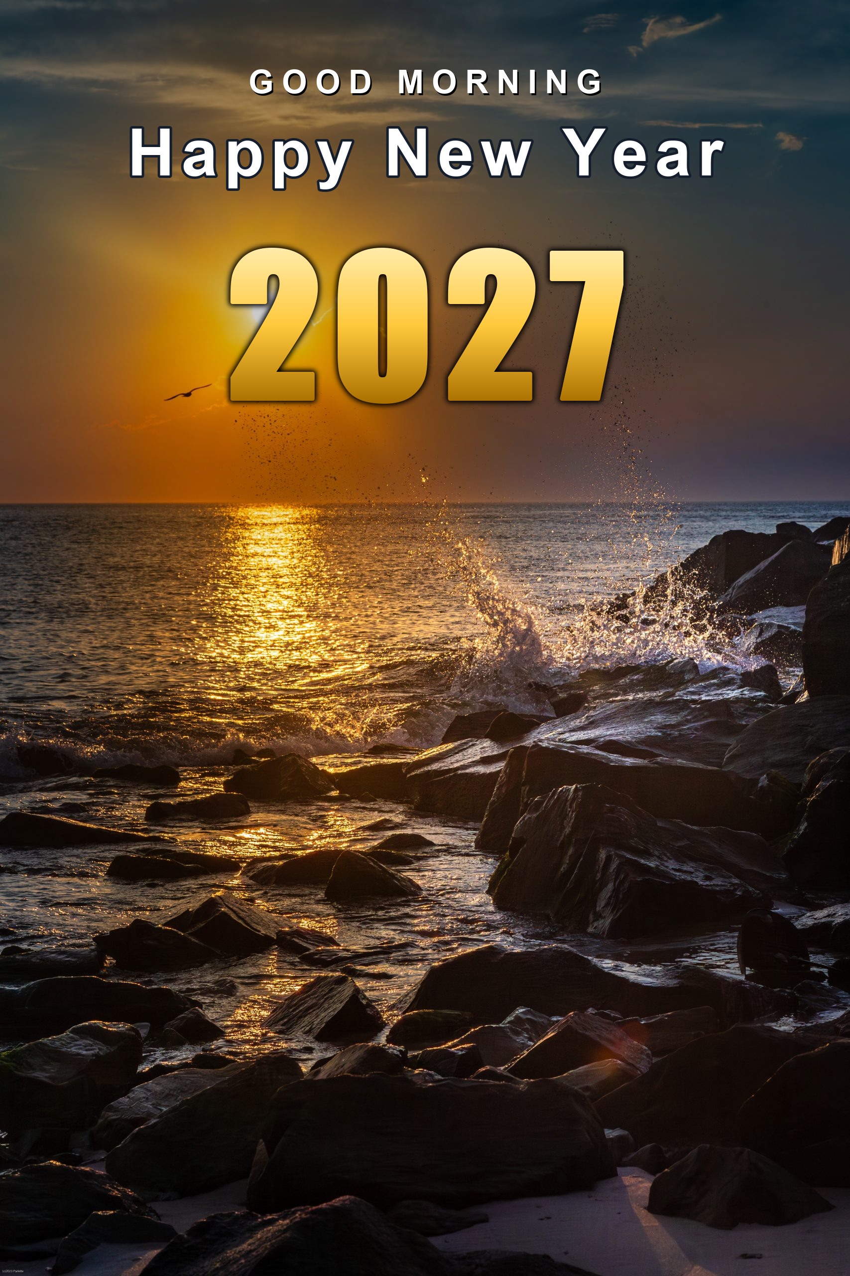cn7h62 Good Morning Happy New Year 2027 over an ocean sunrise, vertical