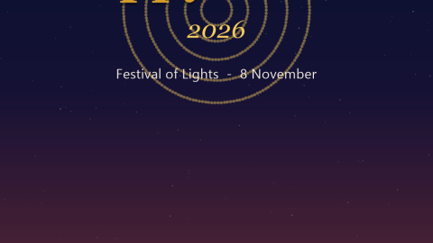 Happy Diwali 2026 greeting card in gold lettering over a night sky with lit diya lamps and a rangoli motif