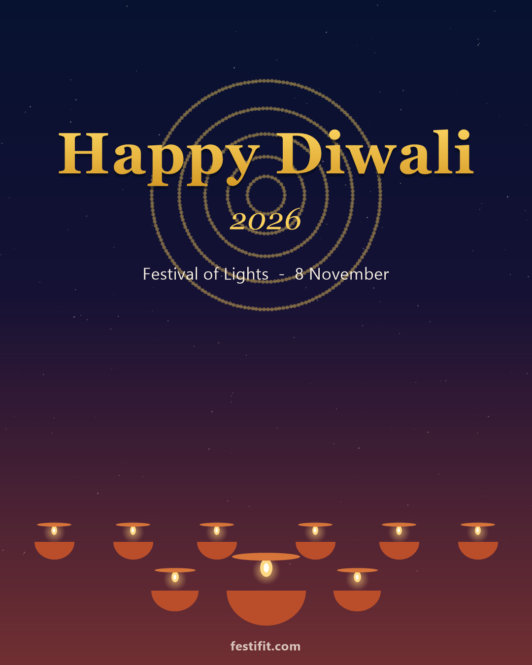 Happy Diwali 2026 greeting card in gold lettering over a night sky with lit diya lamps and a rangoli motif