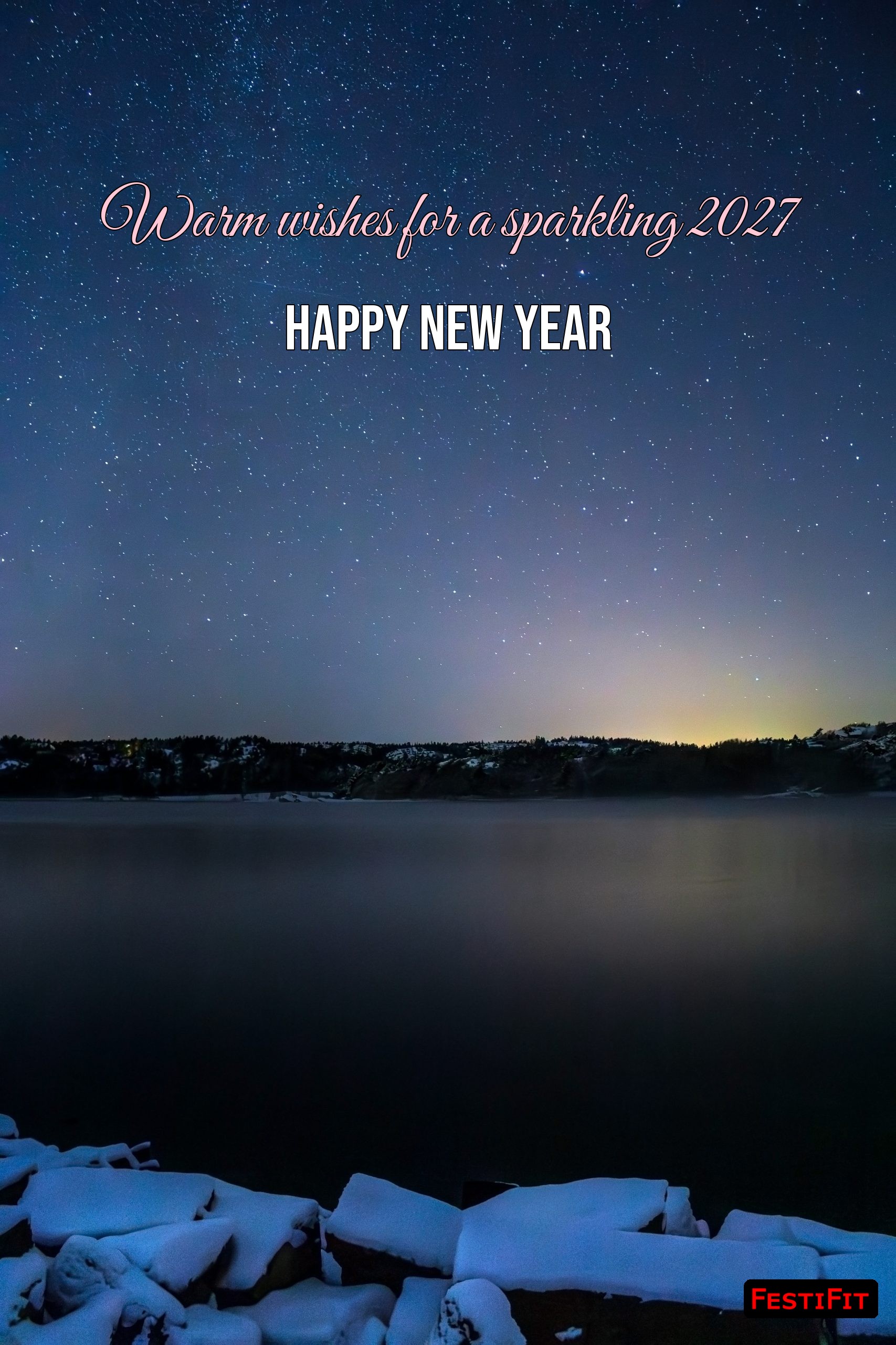 Warm wishes for a sparkling 2027 Happy New Year over snowy winter night vertical