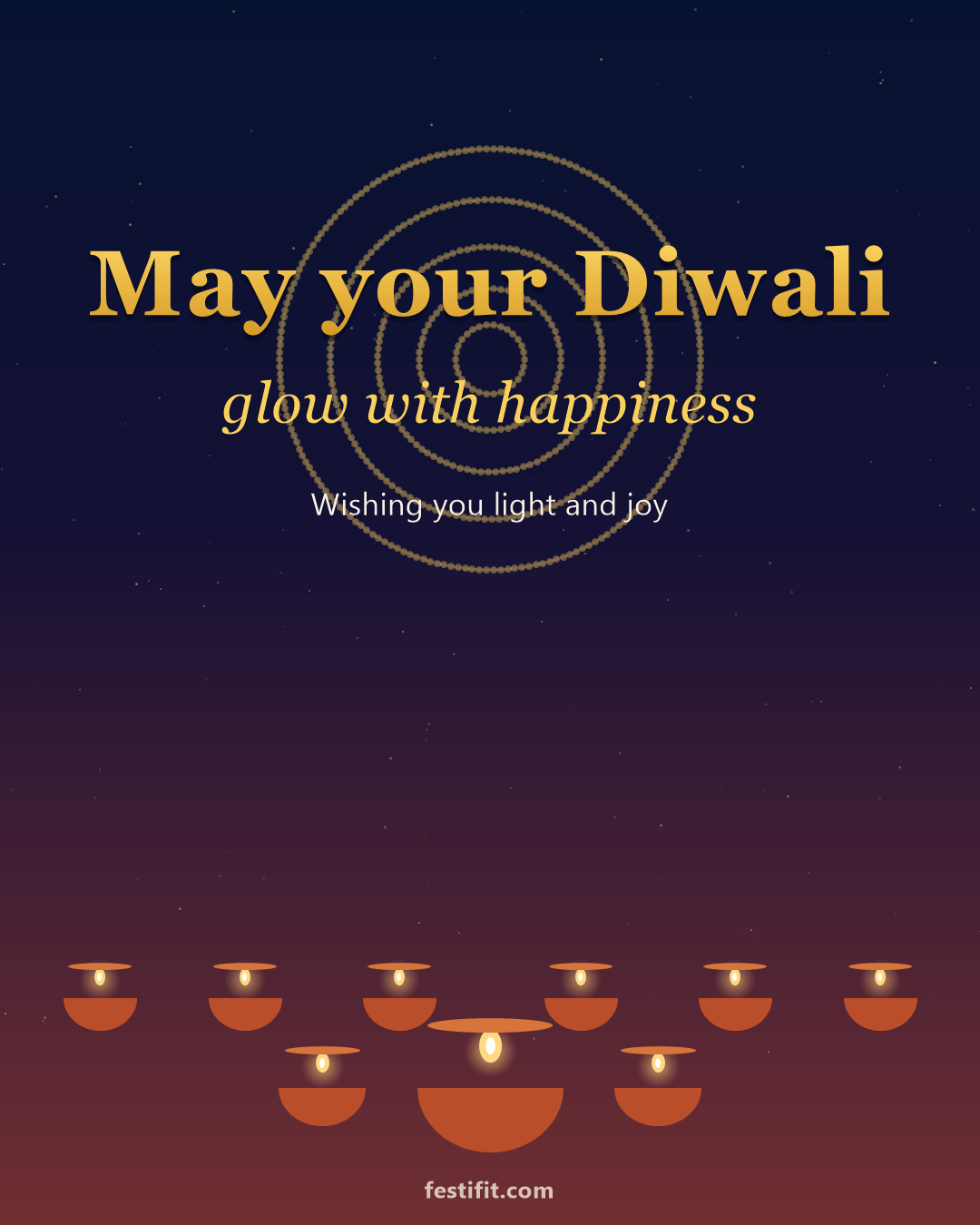 May your Diwali glow with happiness greeting card in gold lettering over a night sky with lit diya lamps