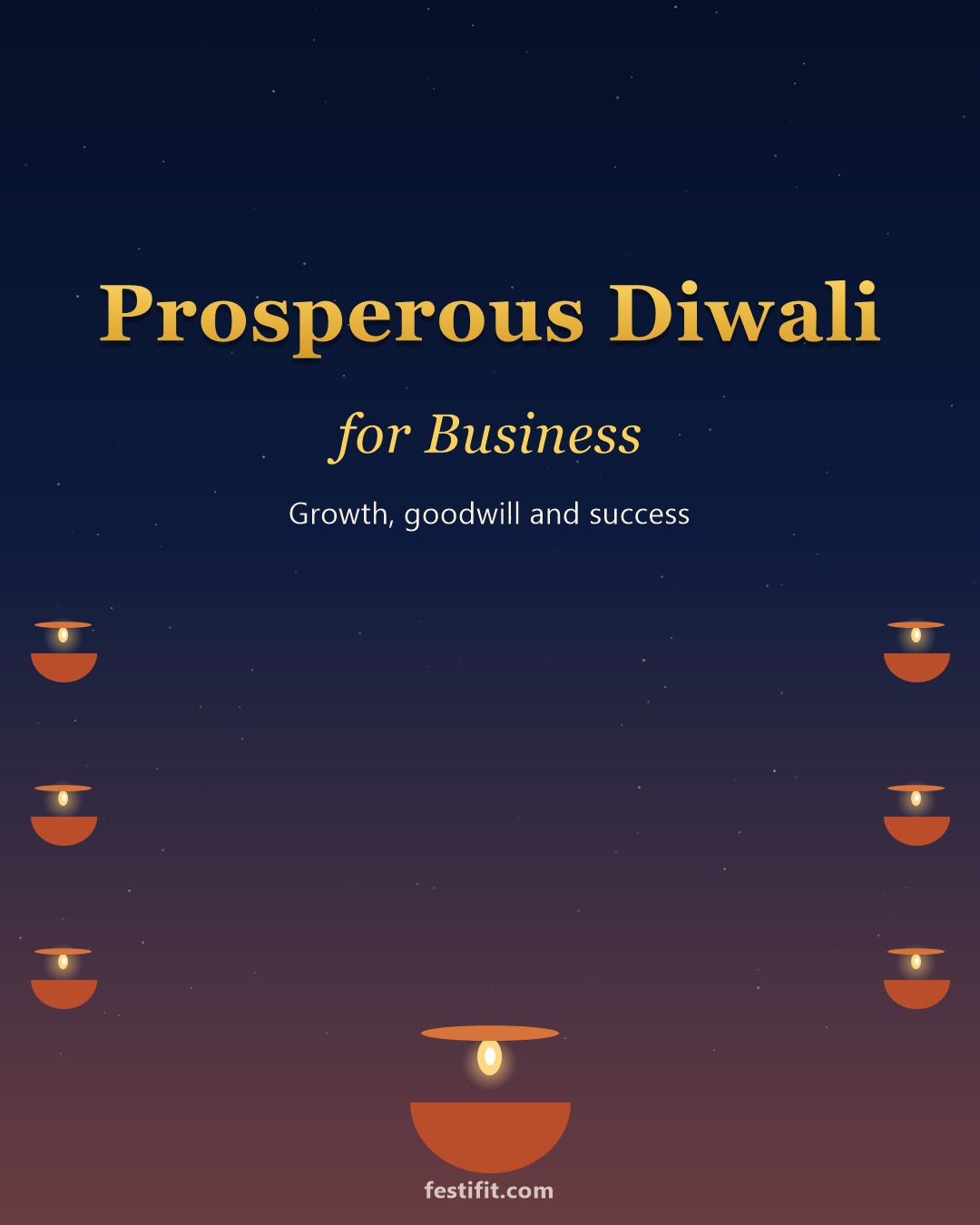 Prosperous Diwali for business greeting card in gold lettering on a navy background with side diya lamps
