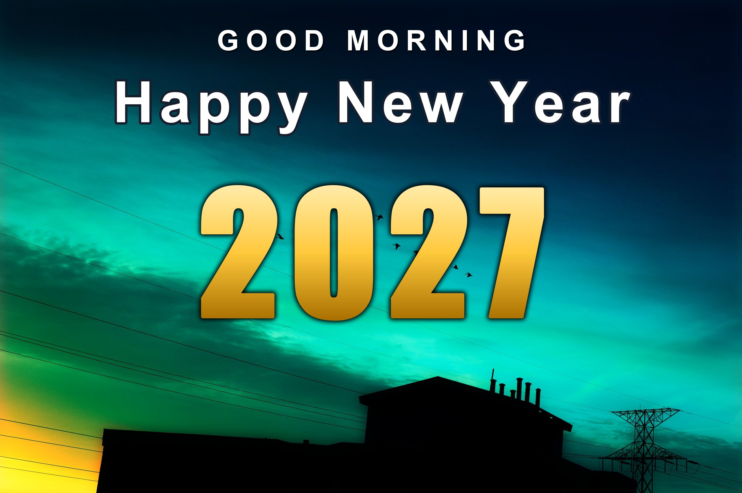 mfwg46 Good Morning Happy New Year 2027 over birds flying at sunrise