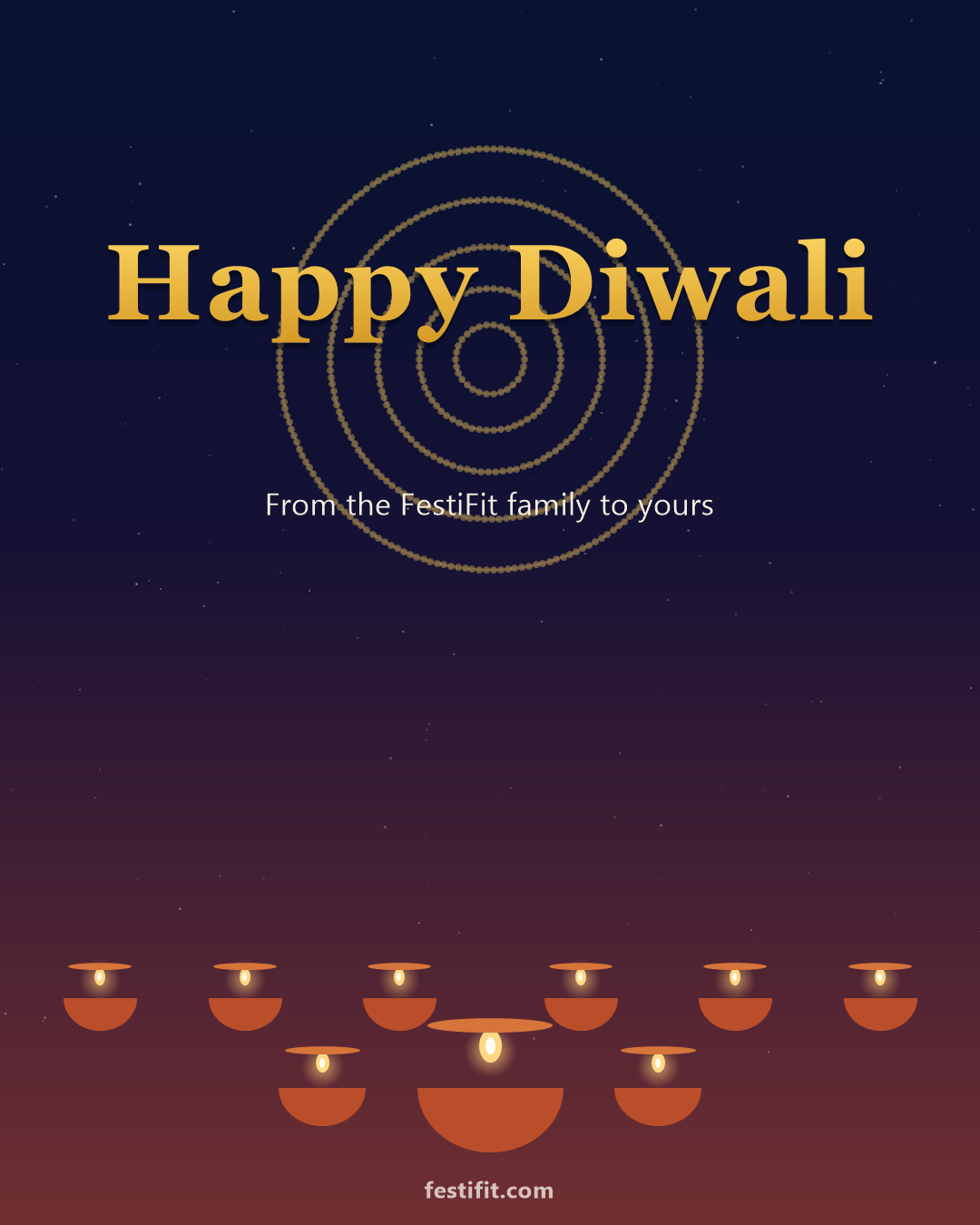 Happy Diwali greeting card from the FestiFit family with lit diya lamps over a night sky