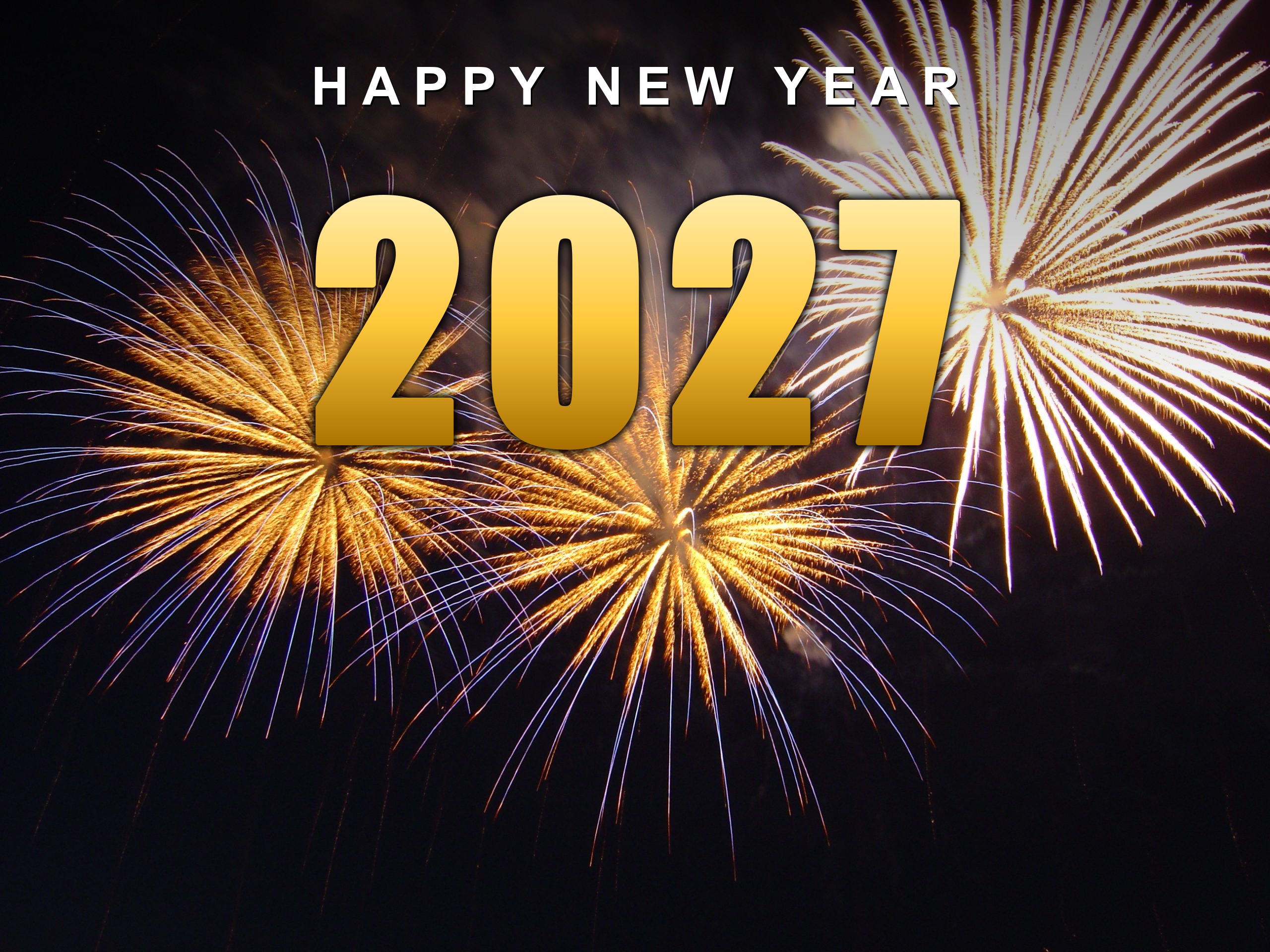 Happy New Year 2027 in gold lettering over golden firework bursts