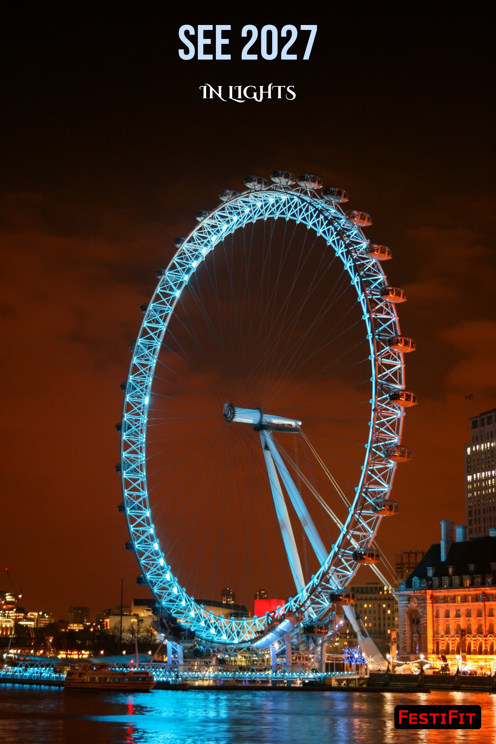 See 2027 in lights Happy New Year story card over London Eye at night vertical