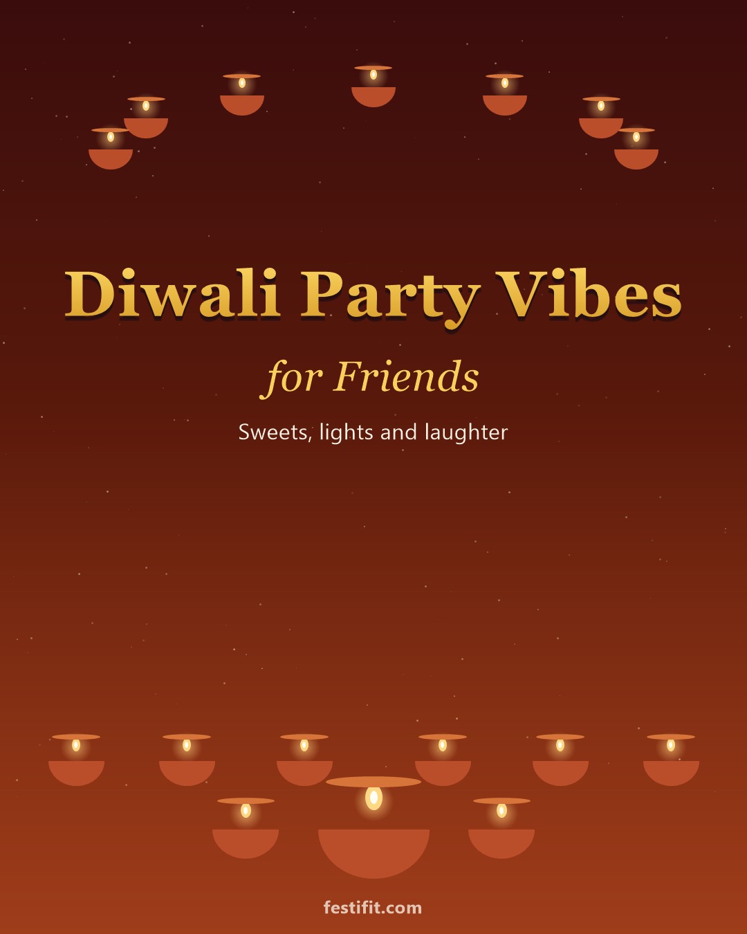 Diwali party vibes for friends greeting card in gold lettering on a sunset background with a diya arch