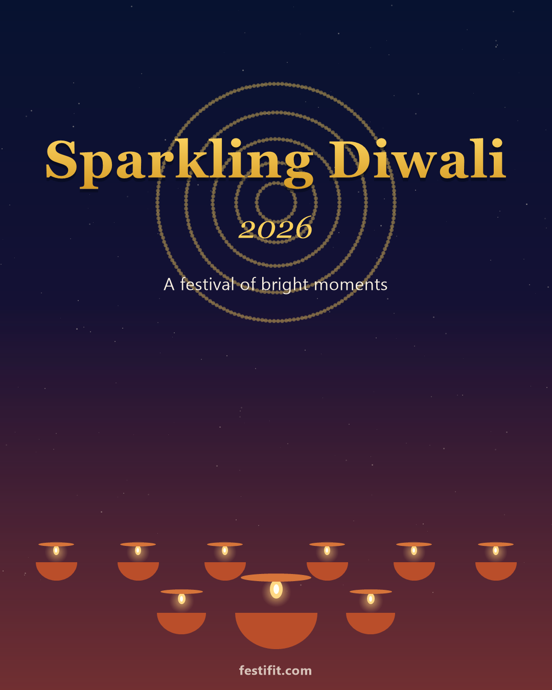 Sparkling Diwali 2026 greeting card in gold lettering over a night sky with lit diya lamps and a rangoli motif