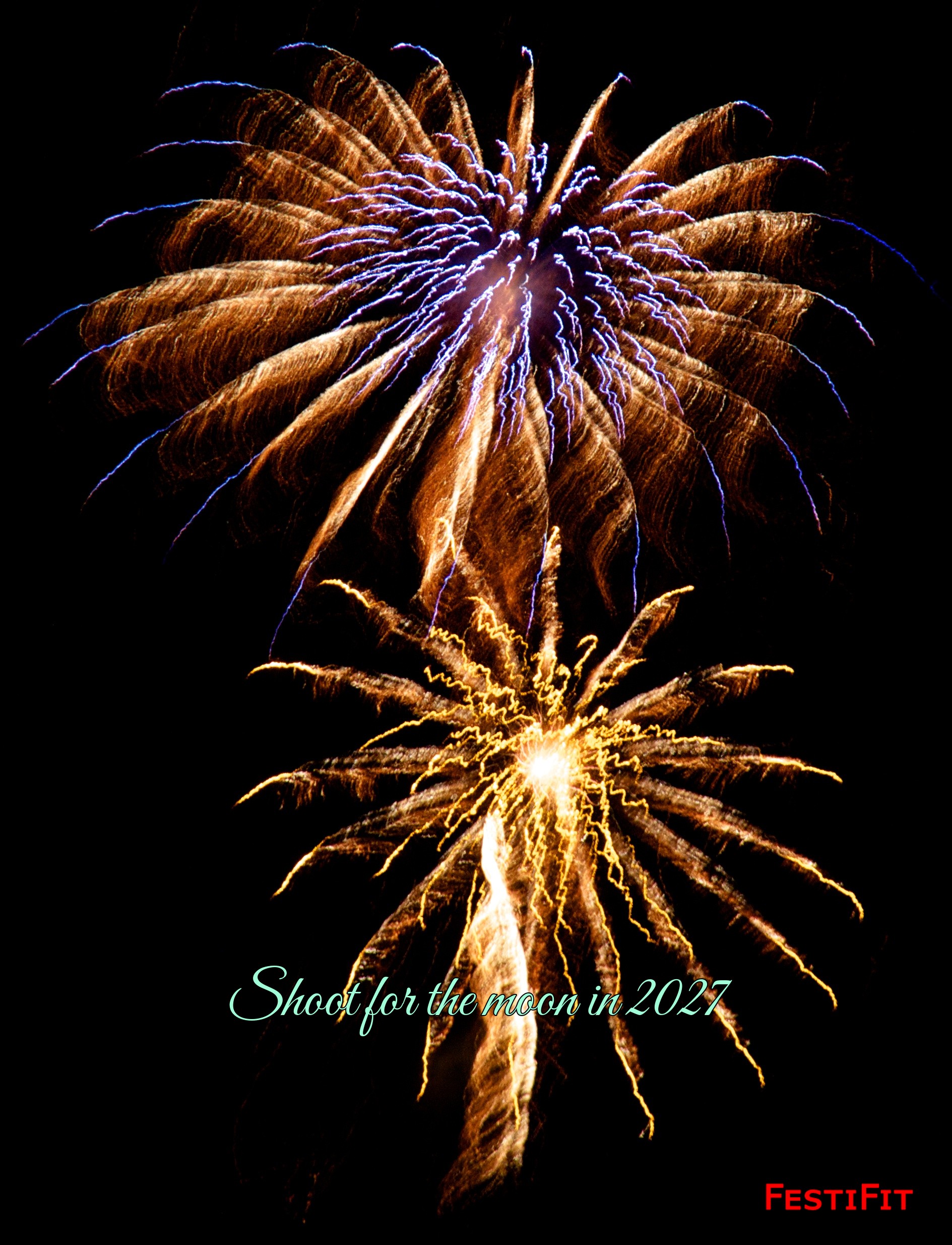 Shoot for the moon in 2027 Happy New Year story card over twin golden fireworks vertical